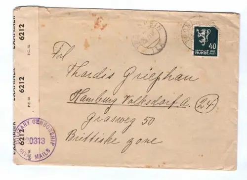 Norwegen Brief 1946 Zensur Banderole Trondheim nach Hamburg