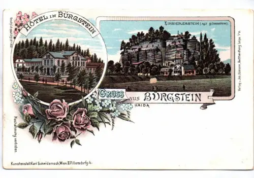 Litho Ak Gruss aus Bürgstein bei Haida Böhmen Hotel um 1900
