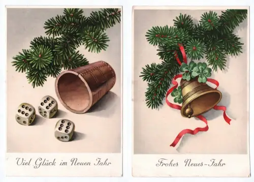 Künstler Ak Viel Glück im neuen Jahr Würfel Glocke Zweig 2 Stück