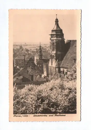 Foto Ak Pirna Elbe Stadtkirche und Rathaus 1956