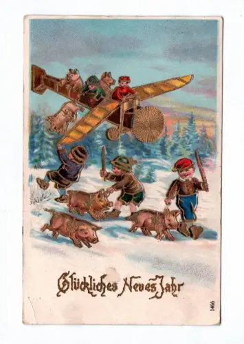 Künstler Ak goldgeprägt 1911 Kind im Flugzeug Schweine Glückliches Neues Jahr
