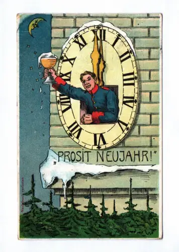 Künstler Ak Mann mit Bier an der Uhr 1912 Prosit Neujahr