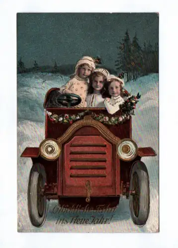 Künstler Ak goldgeprägt Kinder im Auto Glückliche Fahrt ins Neue Jahr 1912