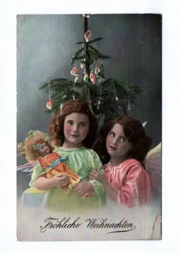 Künstler Ak Fröhliche Weihnachten Mädchen Kinder mit Puppe Weihnachtsbaum 1913
