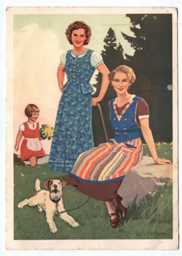Künstler Ak Frauen Kind mit Hund Färberei Glauchau Aktiengesellschaft in Sachsen