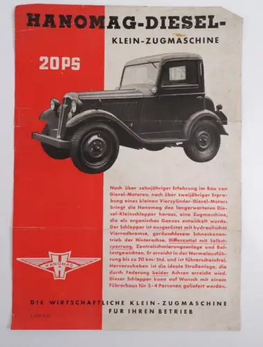Altes Reklameblatt Hanomag Diesel Klein Zugmaschine 20 PS 1937 Oldtimer