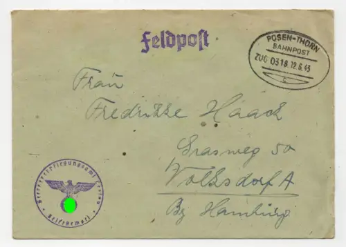 Feldpost Brief 1943 mit Bahnpost Stempel Posen - Thorn Heeresverpflegungsamt