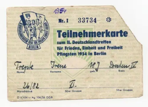 Teilnehmerkarte II Deutschlandtreffen 1954 Berlin