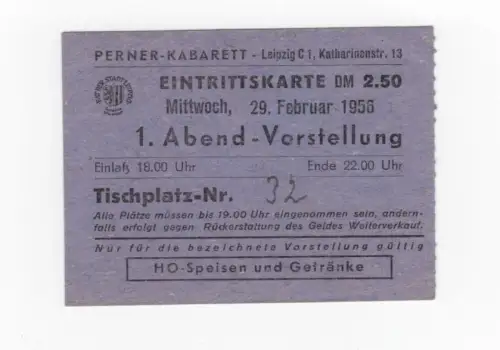 Eintrittskarte Perner Kabarett Leipzig 1956