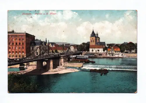 Künstler Ak Hameln Partie an der Weser Brücke 1912