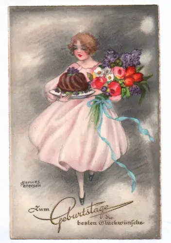 Künstler Ak Mädchen mit Kuchen und Blumen Hannes Petersen