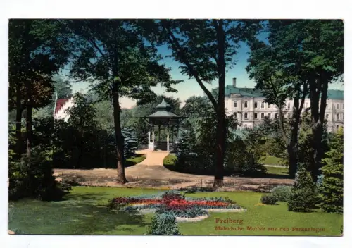 Ak Freiberg Malerisches Motiv aus den Parkanlagen 1915 Feldpost koloriert