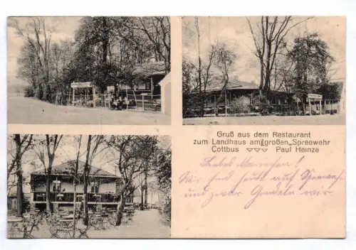 Ak Cottbus Gruß aus Restaurant zum Landhaus am großen Spreewehr 1917