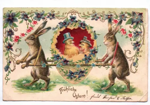 Präge Litho Ak Osterhasen mit Küken im Ei 1904 Fröhliche Ostern