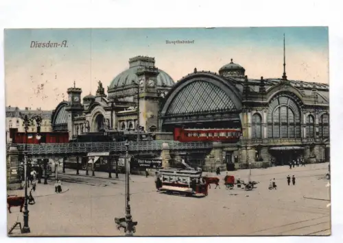 Litho Ak Dresden Hauptbahnhof Straßenbahn koloriert 1918