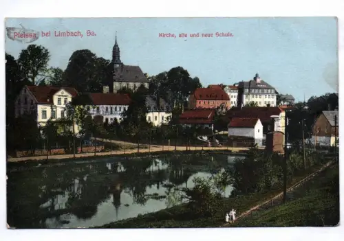 Ak Pleissa bei Limbach Kirche alte und neue Schule 1918 Feldpost