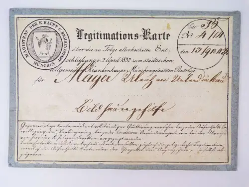 Legitimationskarte München 1843 Krankenhaus geleiste Beiträge