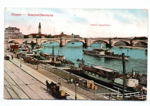 Ak Dresden Dampfschiff Landeplatz Friedrich August Brücke Raddampfer Elbe