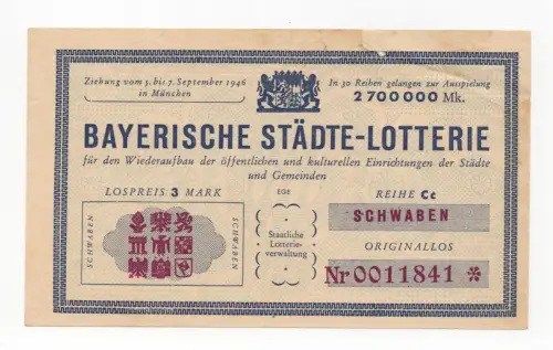Lotterielos 1946 Bayerische Städte Lotterie Reihe Schwaben