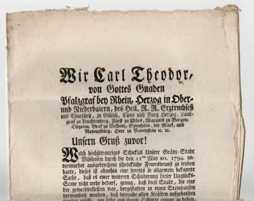 Edikt Carl Theodor Pfalzgraf Rhein Herzog Bayern 1795 Feuer Vilshofen