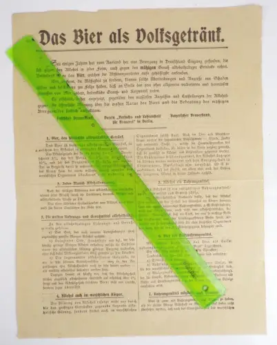 Flugblatt Das Bier als Volksgetränk Bayerischer Brauerbund um 1918 Werbung