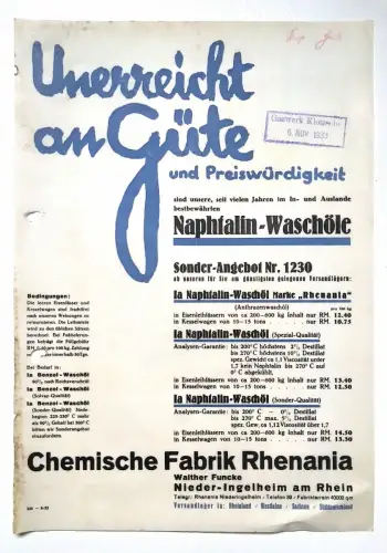 Alter Flyer Unerreicht an Güte Chemische Fabrik Rhenania 1933