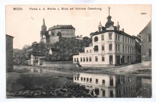 Ak Weida Partie an der Weida und Blick auf Schloss Osterburg 1915