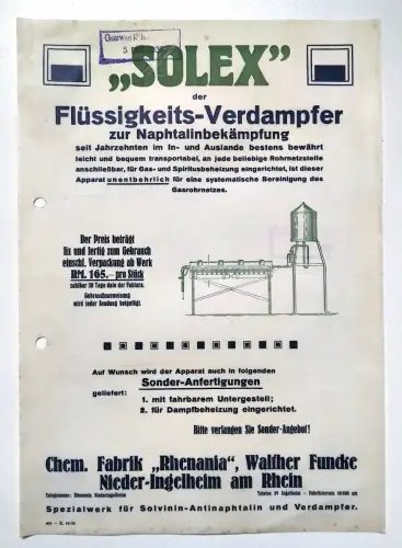 Solex der Flüssigkeits-Verdampfer 1933 Chemische Fabrik Rhenania alte Reklame