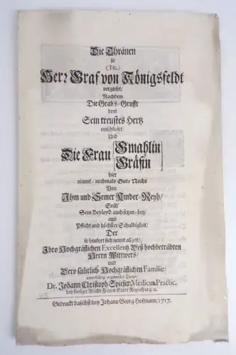 Grabrede 1717 Graf von Königsfeldt Holzschnitt Regensburg 