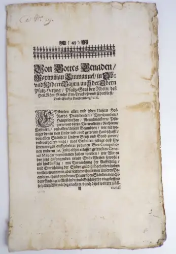 Dekret Bier Brauerei 1723 blauer Kurfürst von Bayern Maximilian Emanuel 