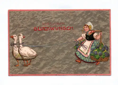 Ak Herzlichen Glückwunsch 1920 Mädchen mit Gänsen an der Leine geprägt