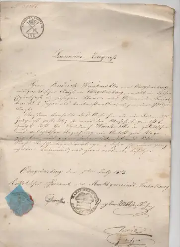 Leumund Zeugnis 1848 Obergünzburg Siegel handschriftliches Dokument