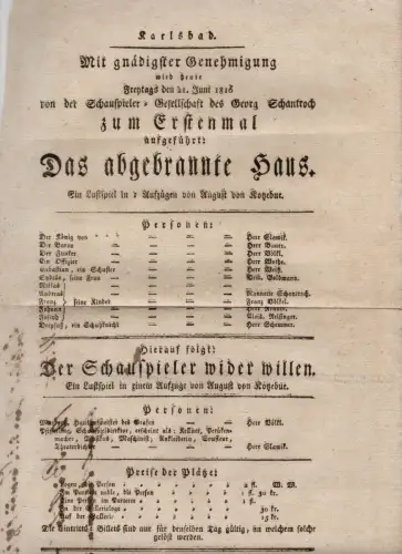 Karlsbad 1816 Theater Aushang Programm Büttenpapier Georg Schantroch