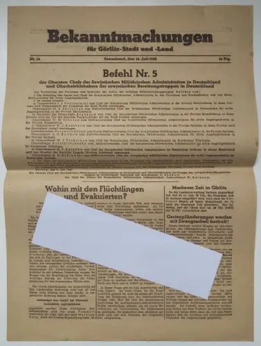 Bekanntmachung Wohin mit den Flüchtlingen Görlitz 1945