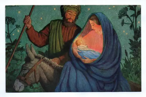 Künstler Ak Frohe Weihnachten Heilige Familie Josef und Maria mit Jesuskind