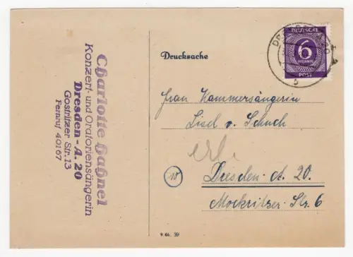 Autograph Charlotte Hahnel Konzertsängerin Dresden an Liesel von Schuch 1946