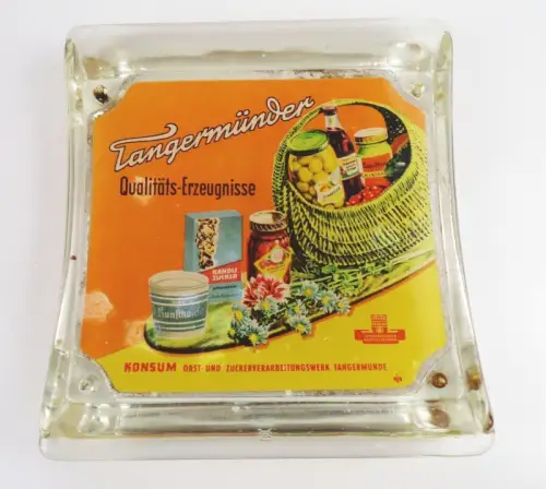 Alter Zahlteller Glas Tangermünder Qualitäts Erzeugnisse Konsum DDR Reklame