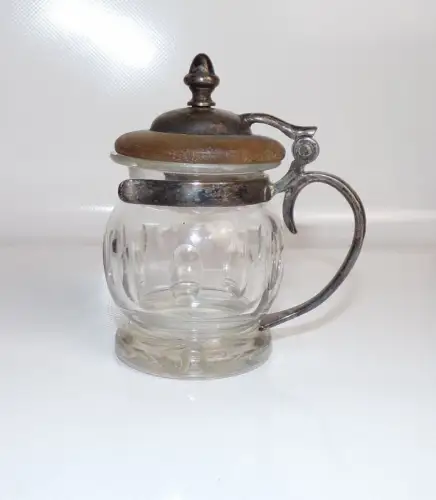 Altes Mostrich Glas Krug versilberter Griff Senf Antik 
