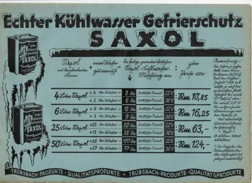 Alter Werbedruck Kühlwasser Saxol Automobil Reklame Blatt um 1935