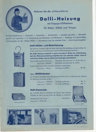 Alter Druck Dalli Heizung um 1935 Oldtimer Automobil Sammler Reklame 