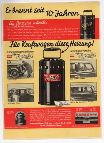 Altes Werbeblatt Katalyt Autoheizung Reklame Druck um 1935
