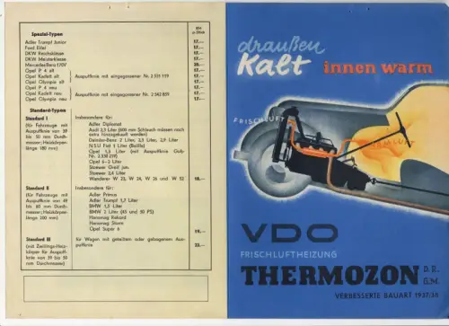 Altes Werbeblatt Thermozon Kfz Heizung 1938 Einbau Anleitung 