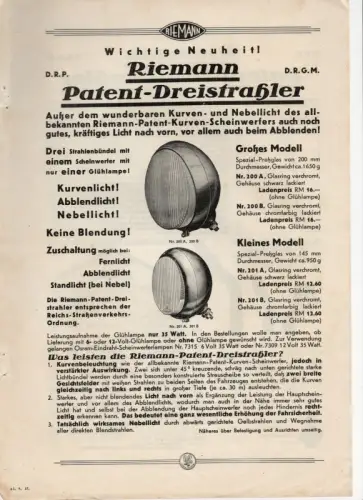 Blatt Riemann Patent Dreistrahler Druck Werbung Sammler 1937 Kfz