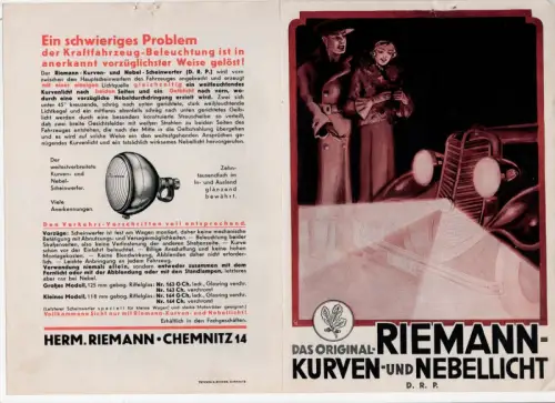  Blatt RIEMANN Kurven und Nebellicht Auto Kfz Werbung 1930 er