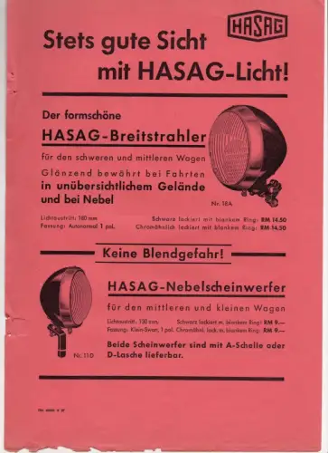 Reklame Blatt HASAG Licht Scheinwerfer 1937 Breitstrahler
