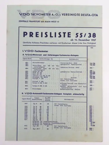 Faltblatt VDO Tachometer AG Frankfurt  1937 Motorrad Automobil