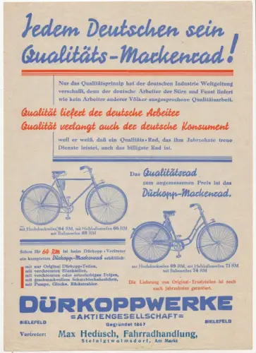 Reklame Blatt Dürkopp Werke Fahrrad Hedusch Steinigwolmsdorf 1930er Druck