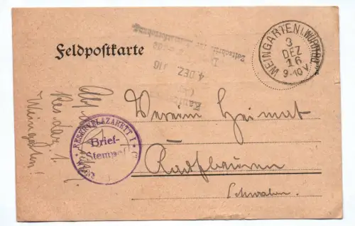 Feldpostkarte Weingarten Würrtemberg 1916 Reservelazarett