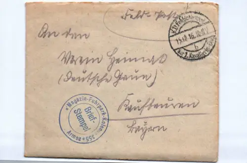 Feldpost Brief 1916 Magazin Fuhrpark Kolonne 1 Wk