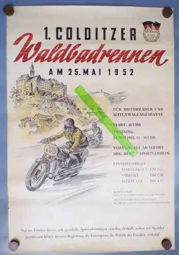 Plakat Colditzer Waldbadrennen 1952 DDR Motorsport seltenes Poster